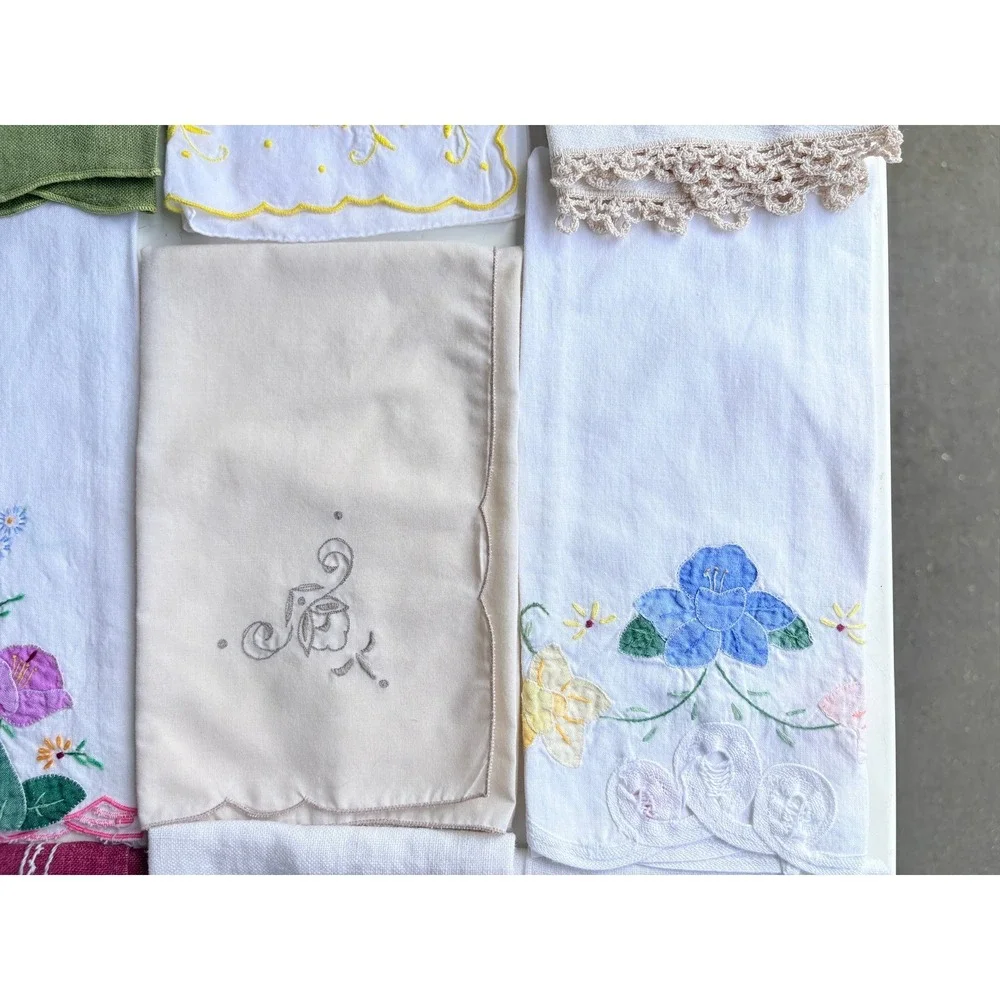 Vintage Hand Embroidered Tea Guest Towel Lot 12pc Floral Cat Scalloped Linen L2